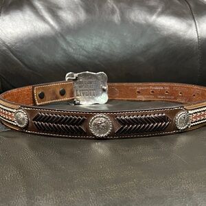 Brown 2 tone western Leather Kids Belt with Silver conchos and buckle